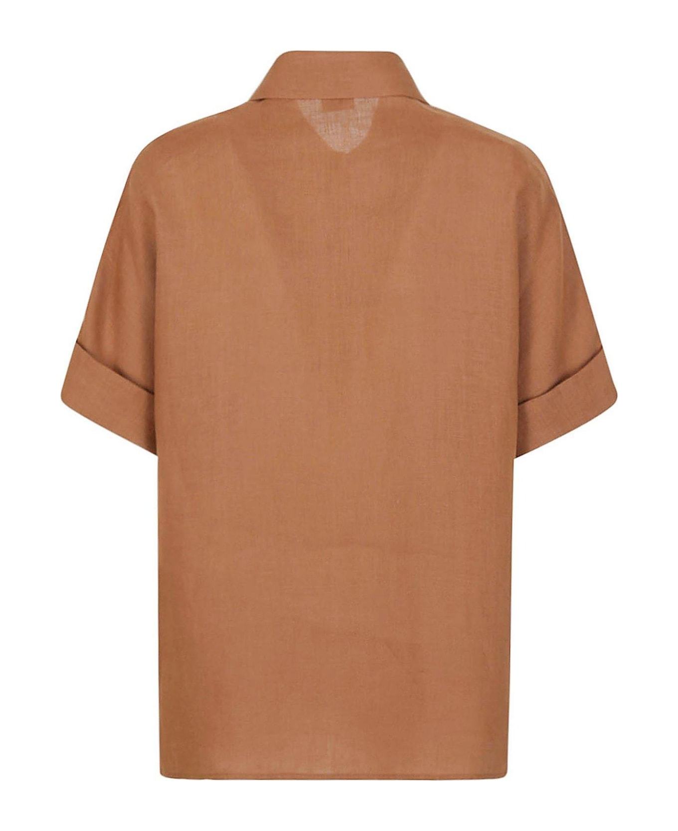 Eleventy Terracotta Shirt With Half Sleeves In Linen In Brown