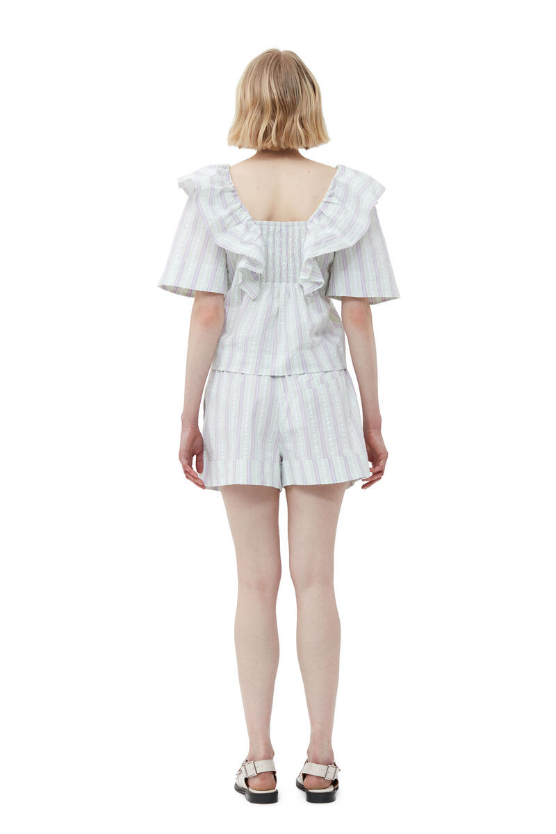 Ganni Striped Seersucker Ruffle Blouse In White