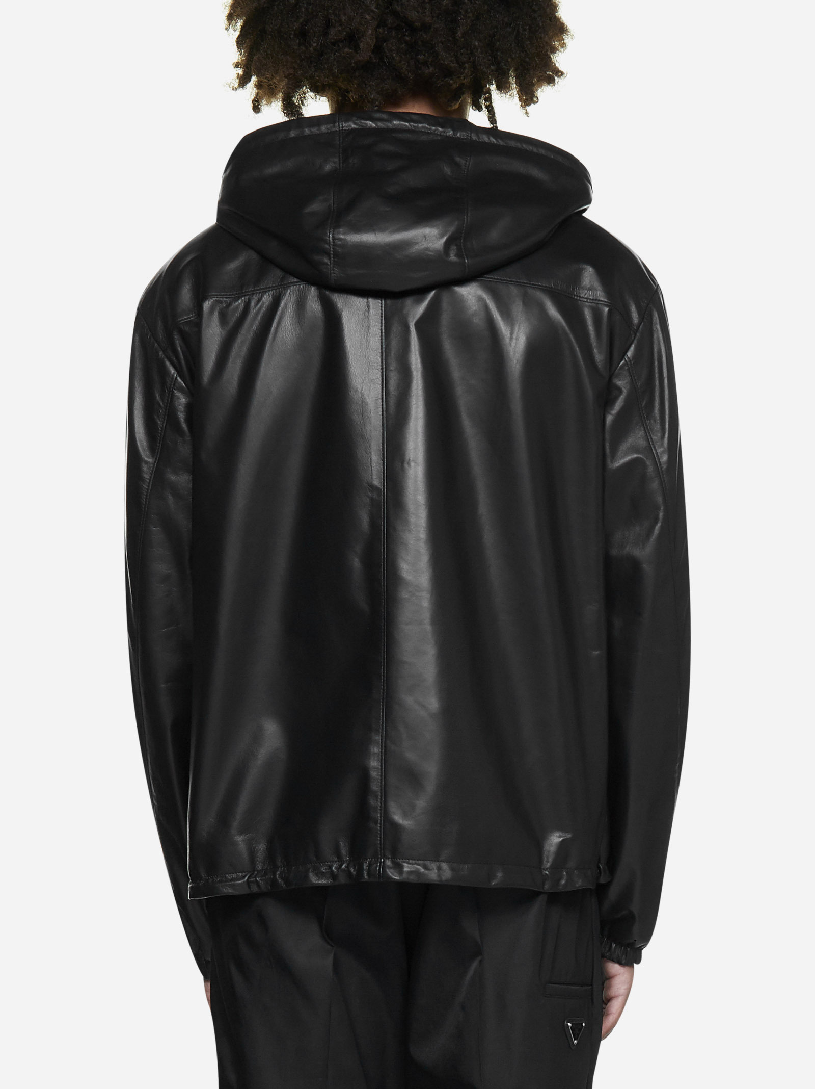 Prada Debossed-logo Hooded Leather Jacket In Black