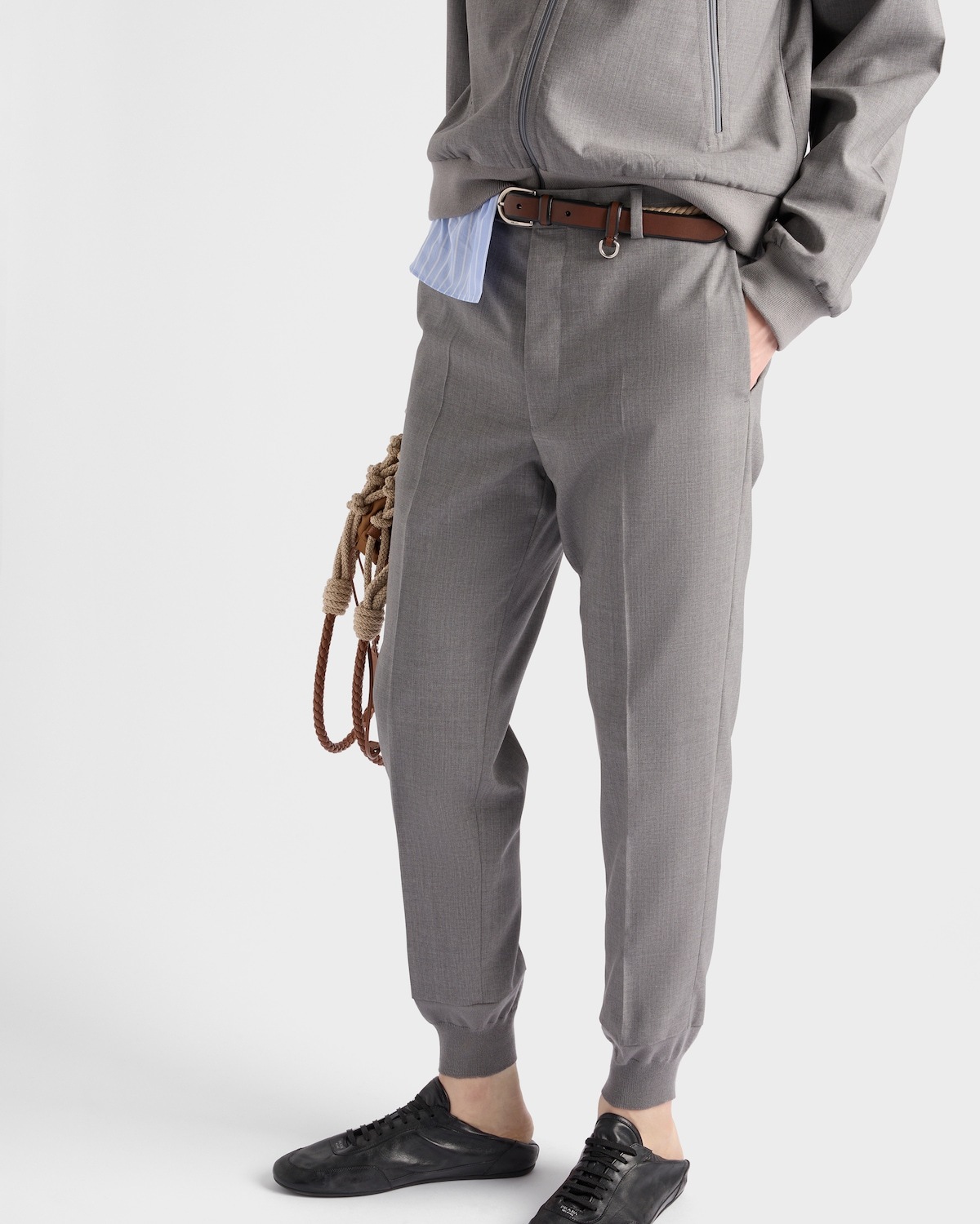 Prada Mens Grey Logo-embroidered Tapered-leg Wool Jogging Bottoms