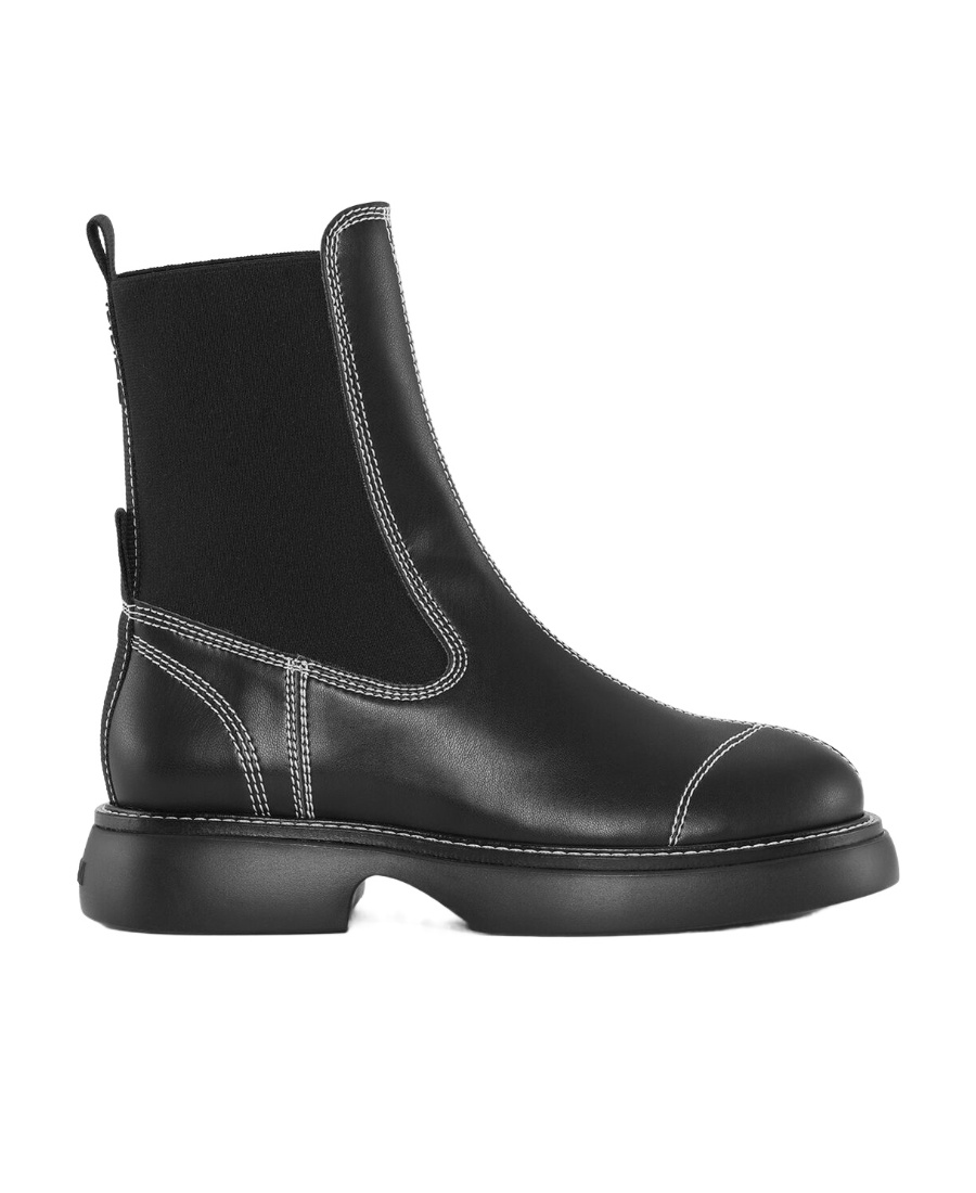 Ganni Topstitched Leather Chelsea Boots In Black