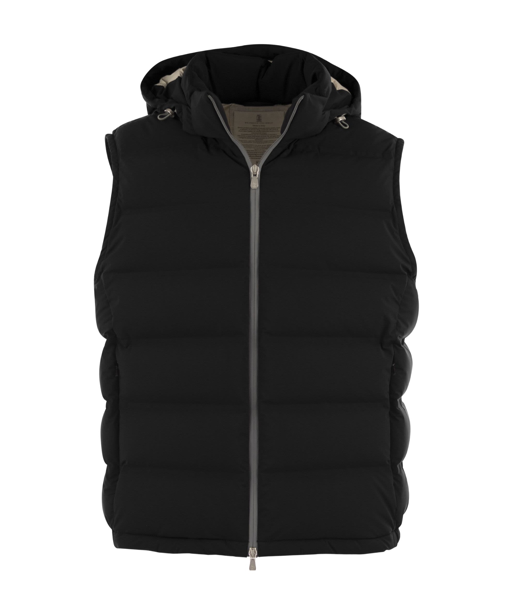 Brunello Cucinelli Men Sleeveless Down Jacket In Membraned Taffeta With Heat Tapes And Detachable Ho In Black