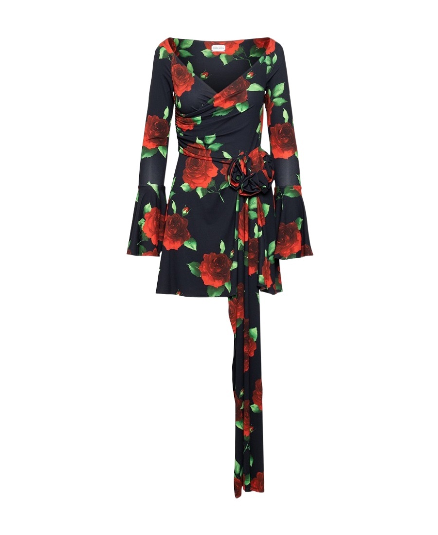 Magda Butrym Black Flared Mini-dress With Floral Print All-over In Viscose Woman In Black