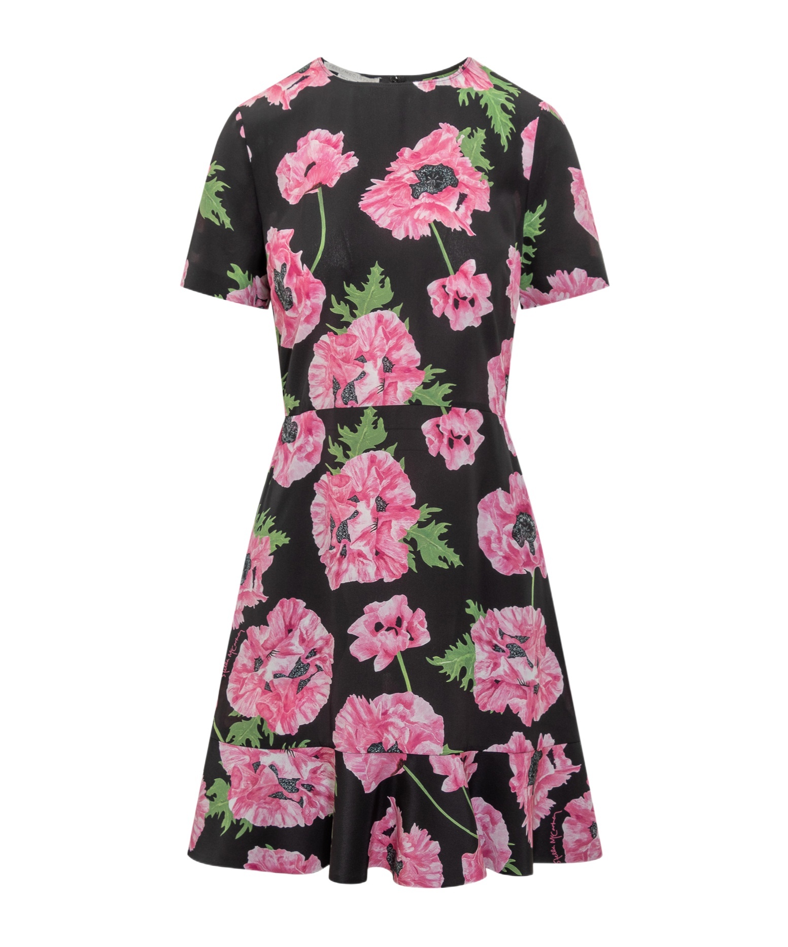 Stella Mccartney Poppy-print Short-sleeve Ruffle Mini Dress In Black