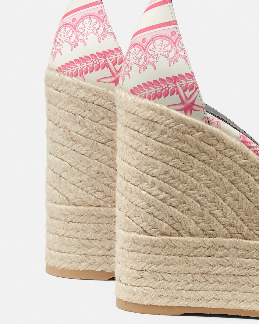 Versace Embellished Printed Leather Espadrille Wedge Sandals In Pink