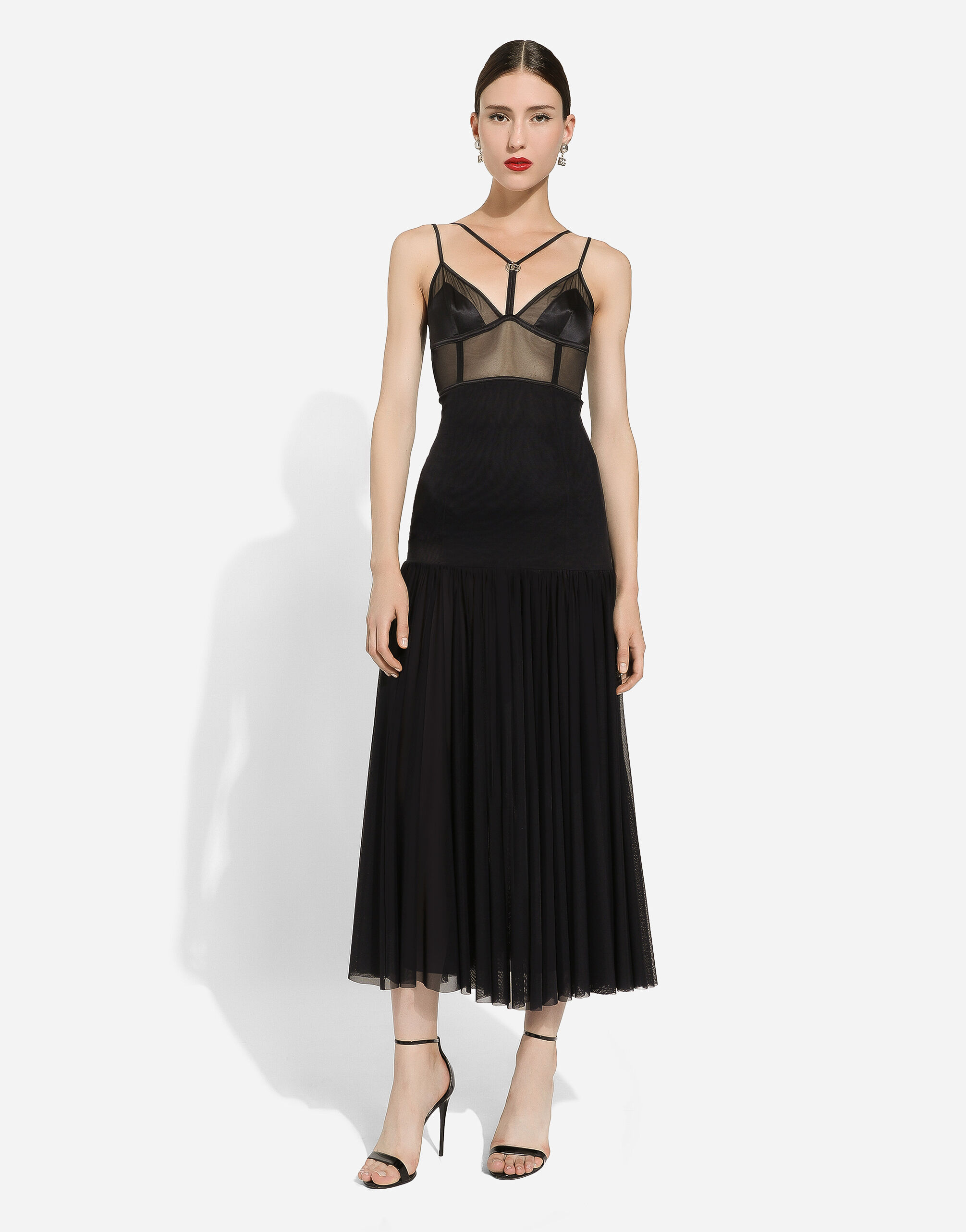 Dolce & Gabbana Dg-plaque Tulle Midi Dress In Black
