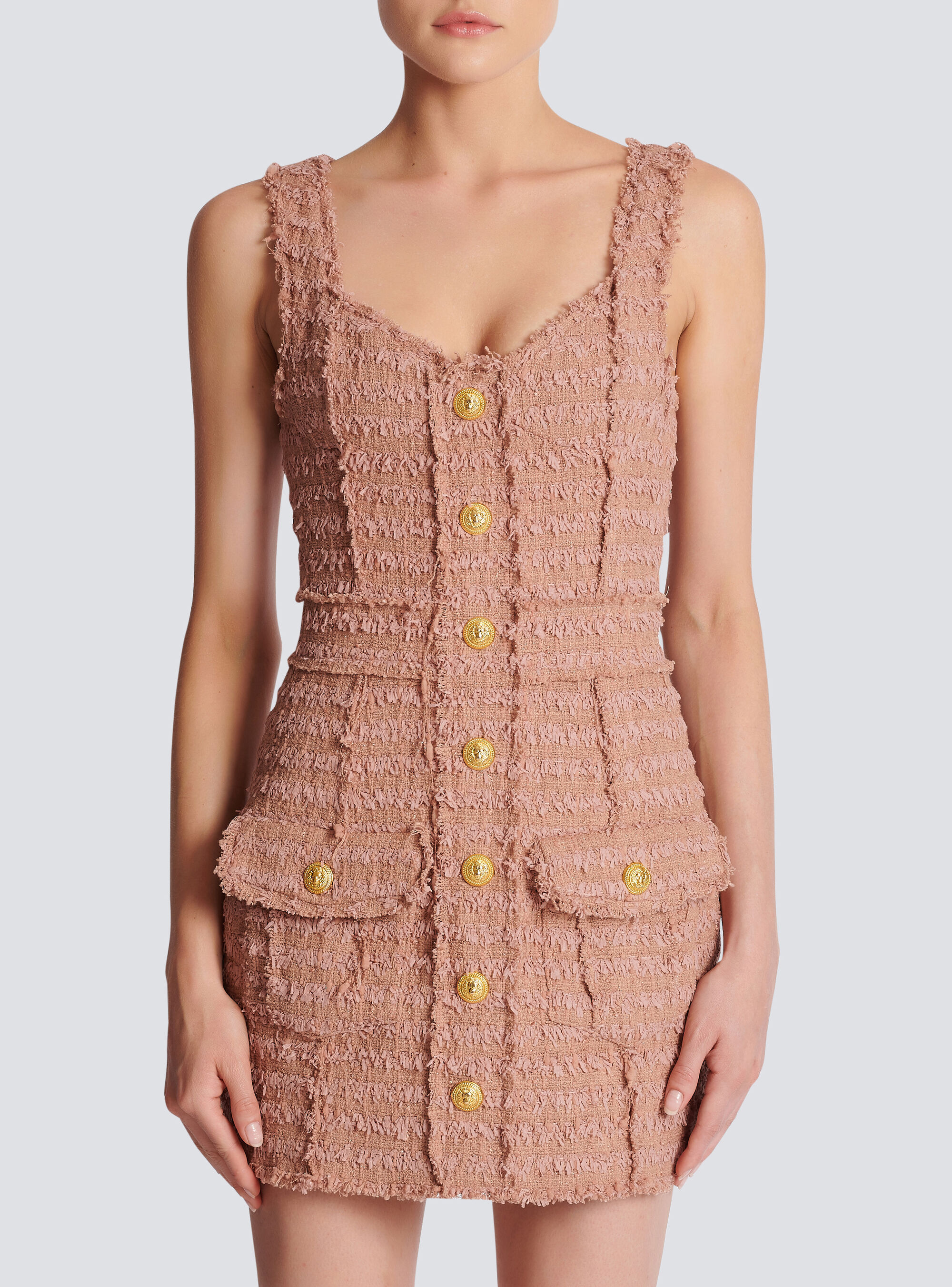 Balmain Button-embossed Strapped Tweed Short Dress In Nude