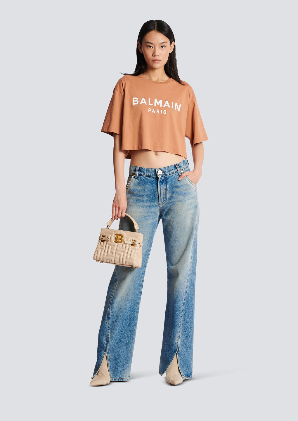 Balmain Logo-print Cropped T-shirt In Nude