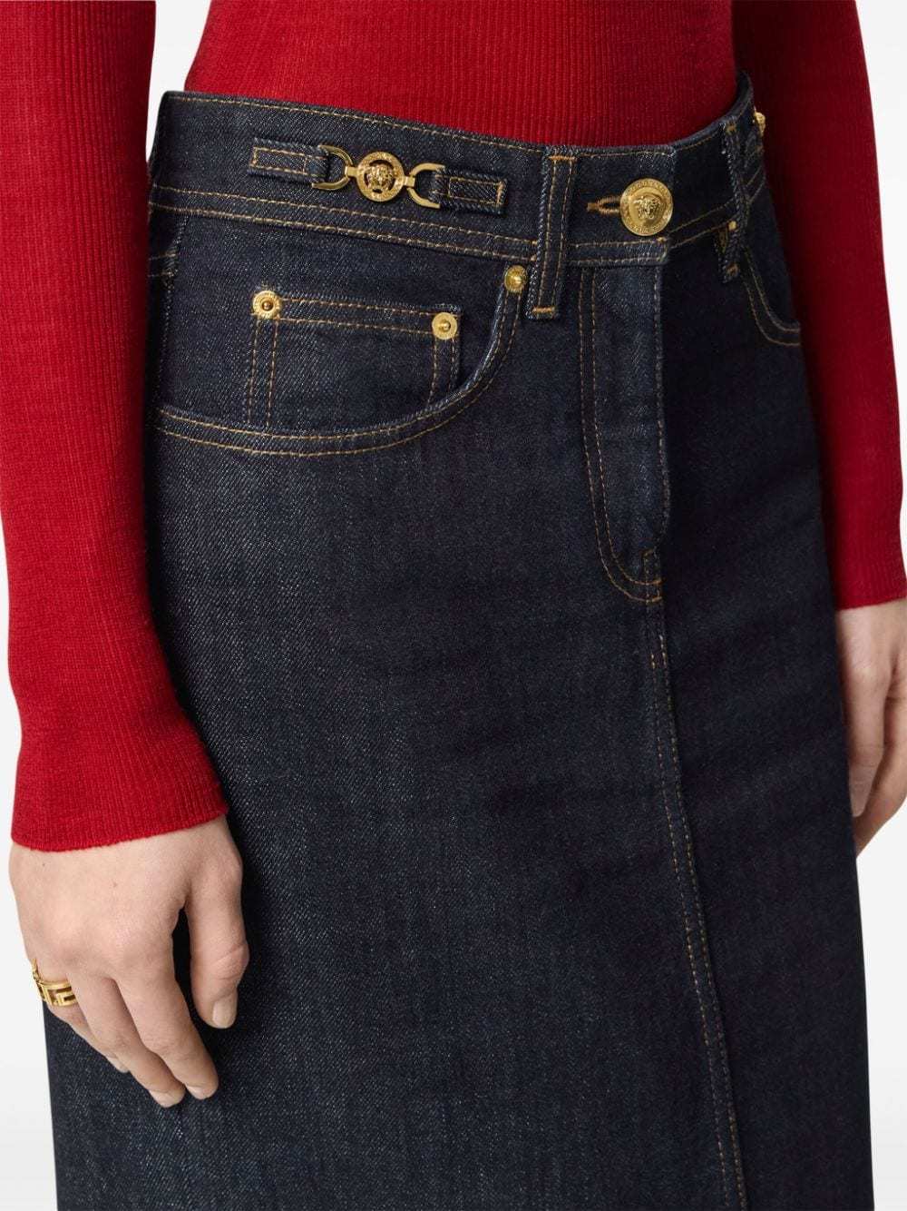 Versace Long High-waisted Denim Skirt With Rear Slit In Black