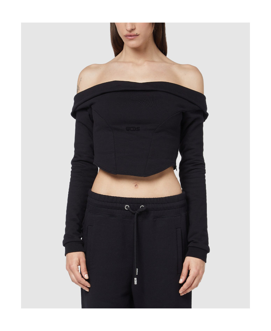Gcds Off-shoulder Cropped Sweatshirt In Black
