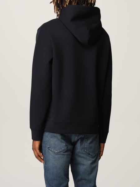 Emporio Armani Ribbed Navy Cotton Hoodie With Drawstring In Black
