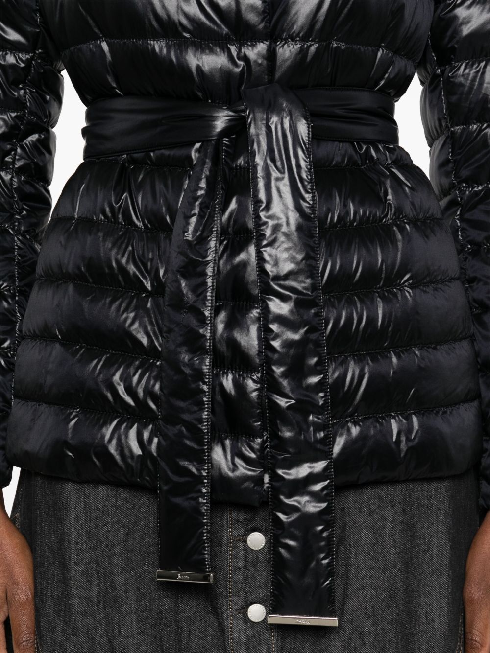 Herno Belted Waist Hooded Long Quilted Shiny Jacket In Black