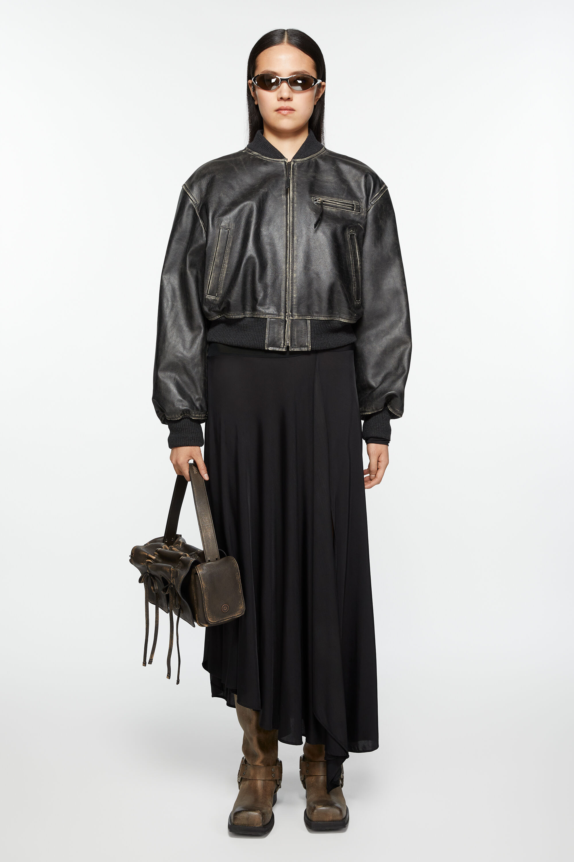 Acne Studios Aged Leather Bomber Jacket With Distressed Treatment In Black