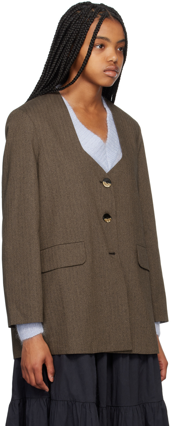 Ganni Herringbone Y-neck Blazer In Brown