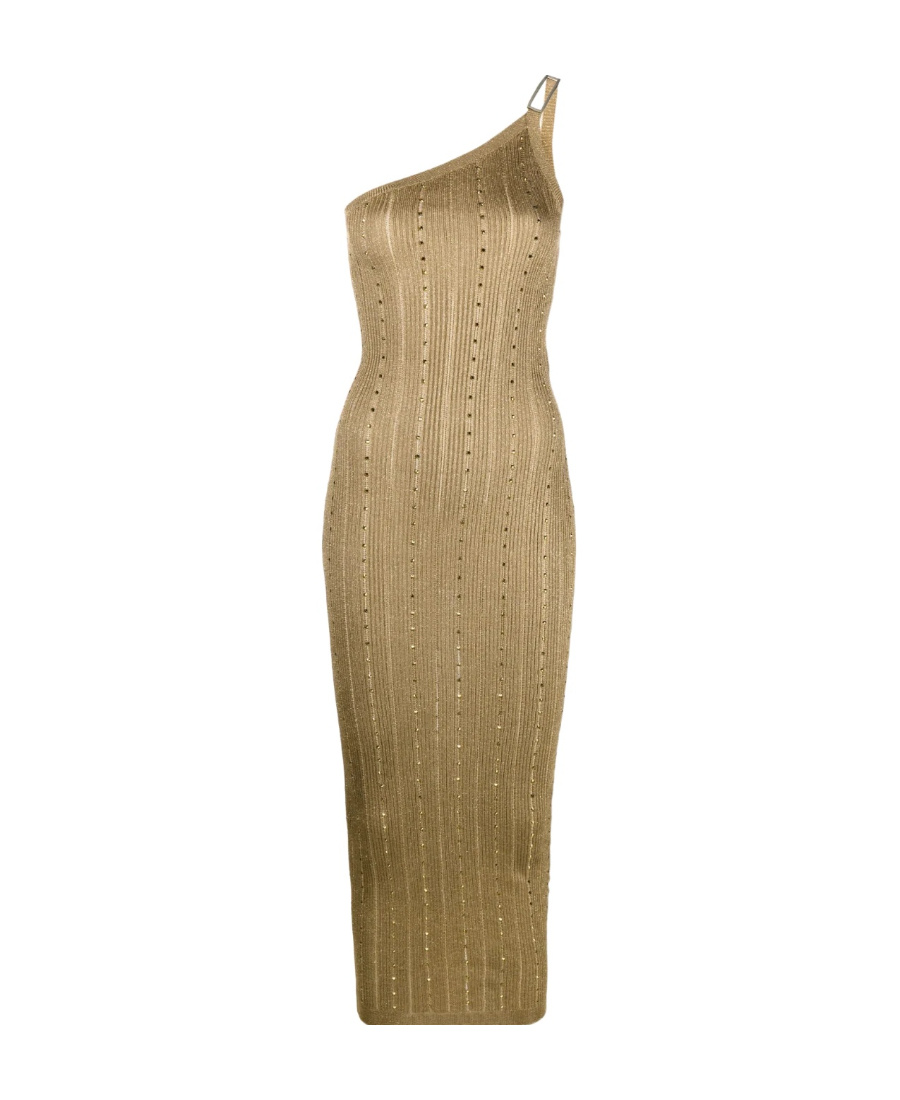 Alessandra Rich Gold One-shoulder Dress With Rhinestones