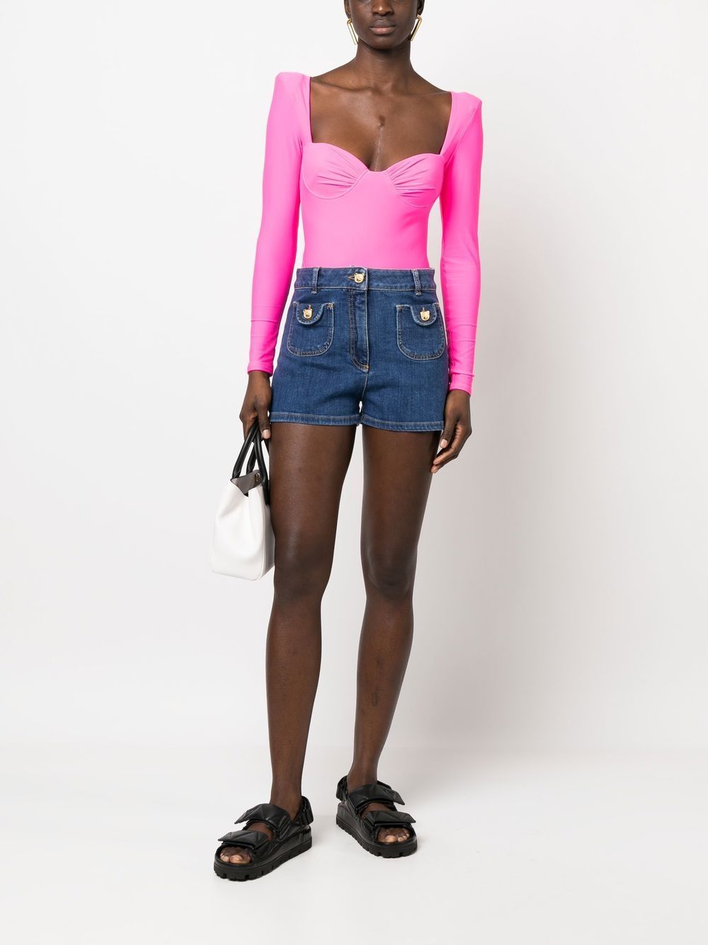 Moschino High-waisted Denim Shorts With Gold-tone Accents In Nude