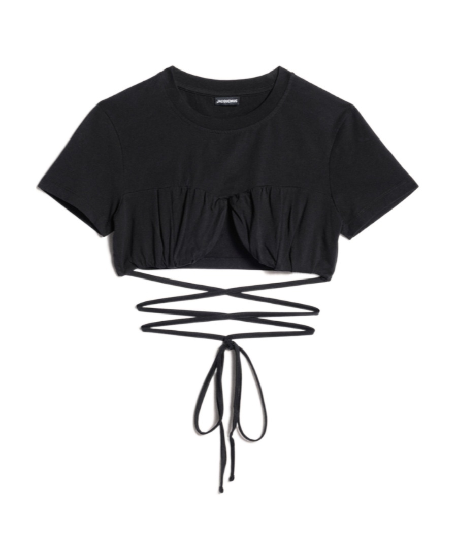 Jacquemus Wraparound Cropped T-shirt In Black