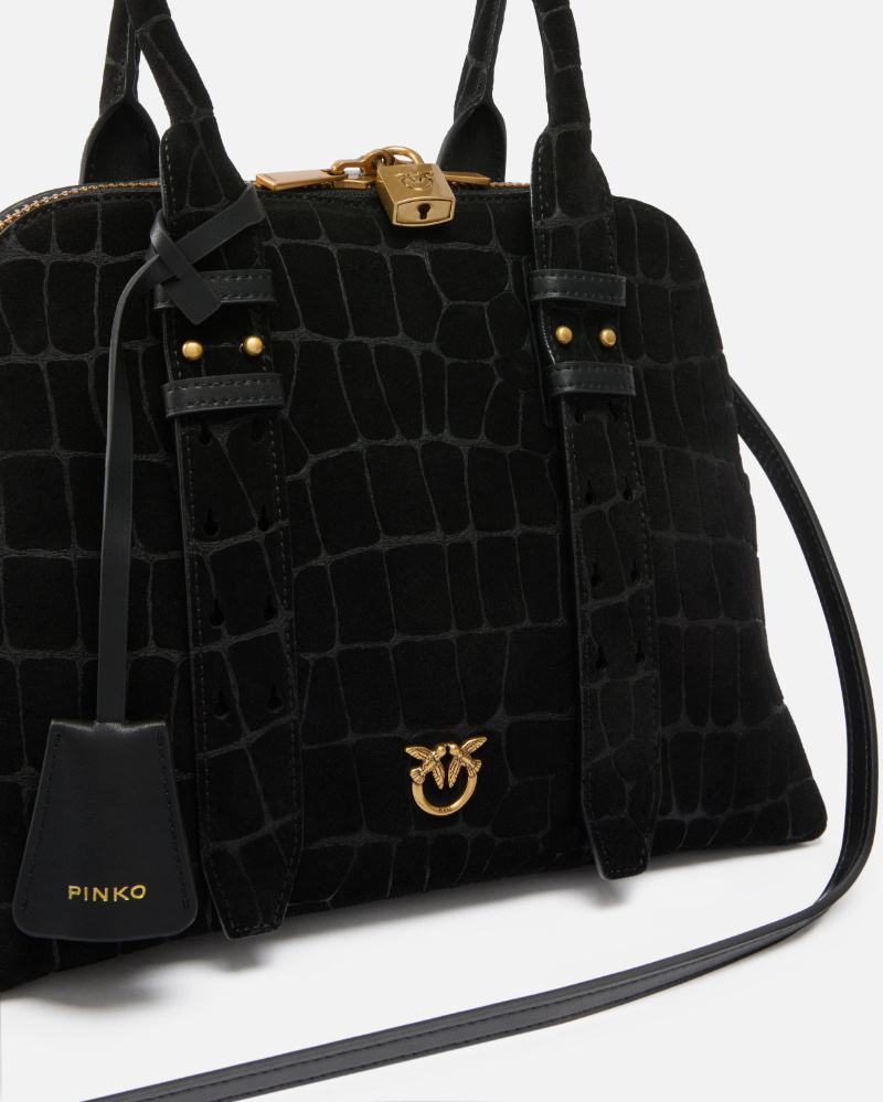 Pinko Escape Bag Small Handbag In Crocodile-print Leather In Black