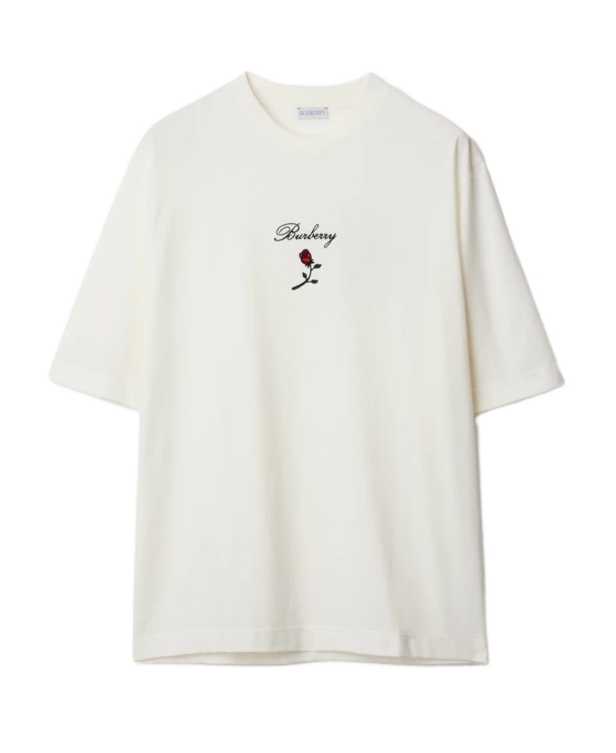 【関税込み】Burberry オフホワイト Rose Tシャツ Burberry Rose Embroidered Logo Cotton Jersey T-shirt In