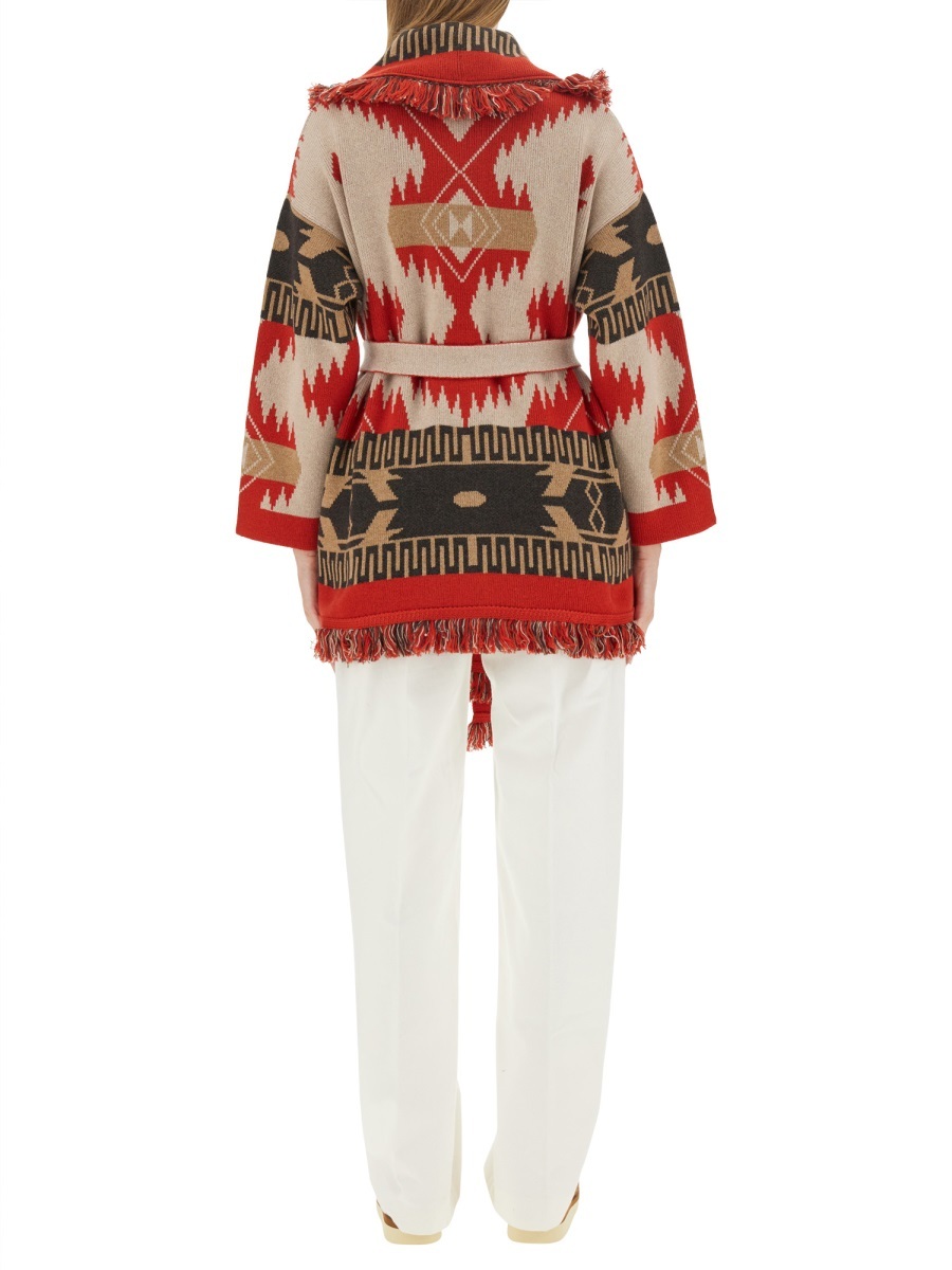 Alanui Icon Jacquard Belted Fringed Cardigan In Red