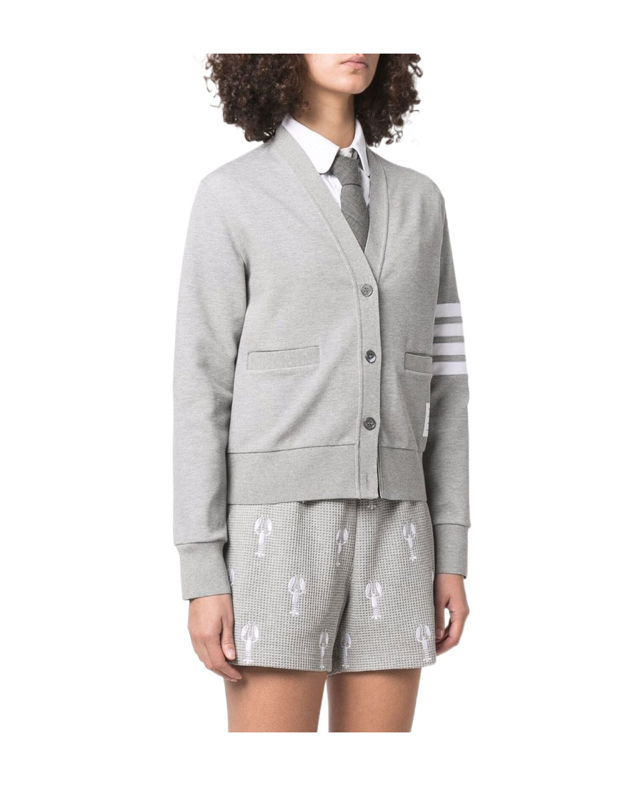 Thom Browne Four Bar Stripe Cotton Blend Knit V-neck Cardigan In Gray