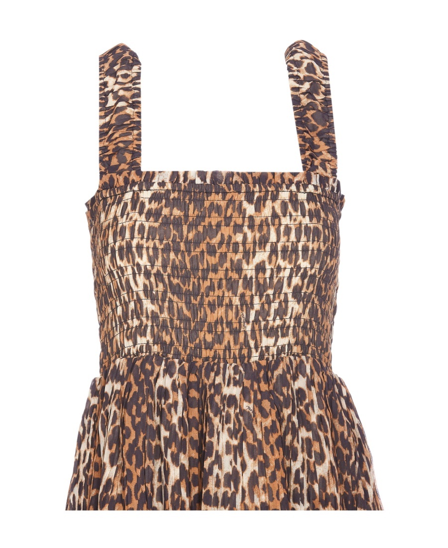 Ganni + Net Sustain Pleated Smocked Leopard-print Recycled-georgette Midi Dress In Brown