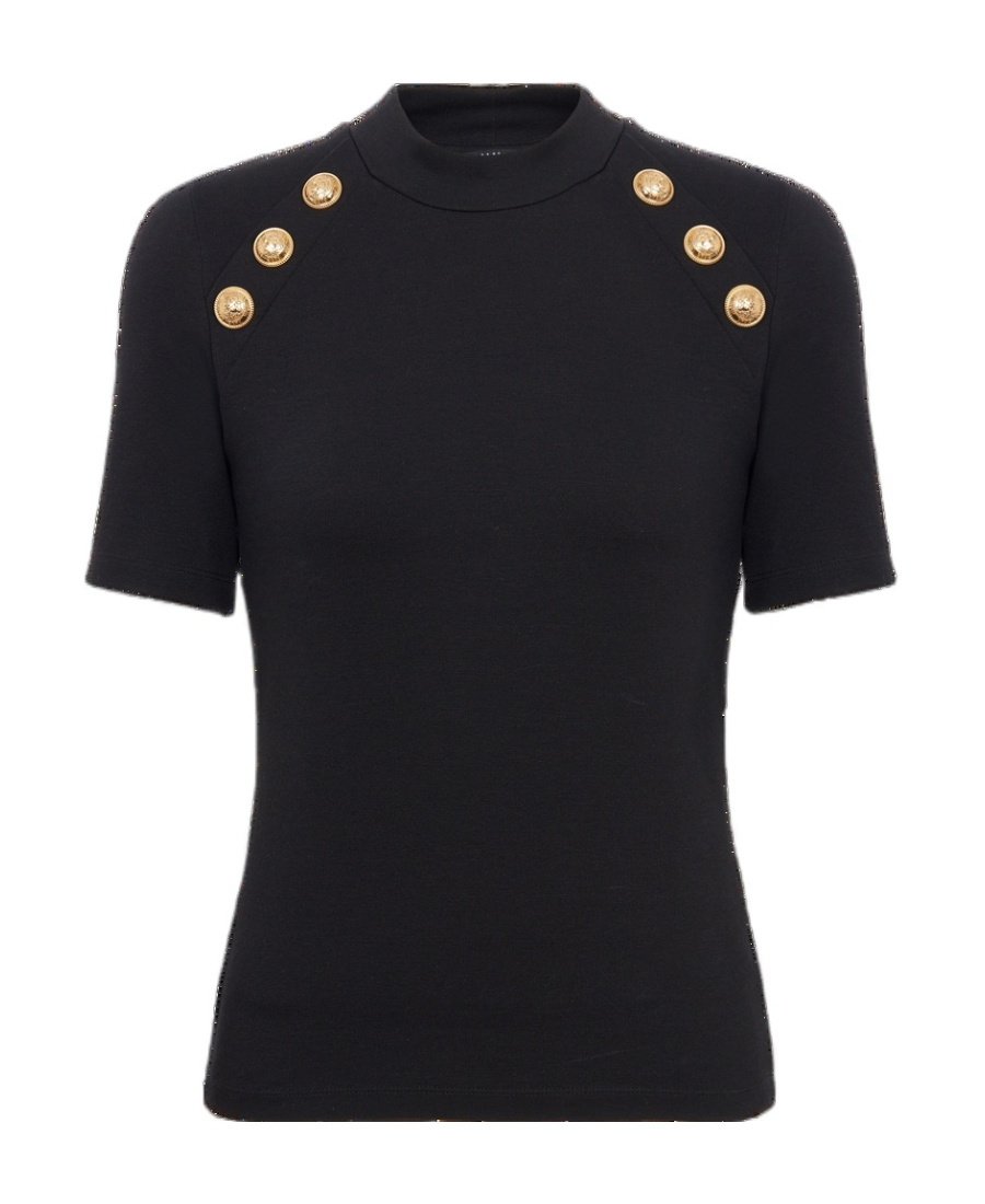 Balmain Sleeveless Black Crop Knit Top With Gold Buttons