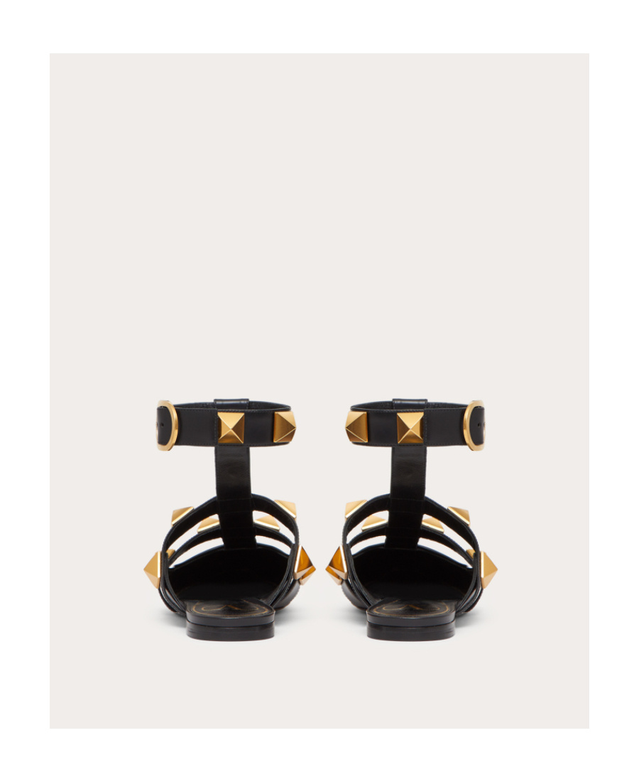 Valentino Roman Stud Leather Ankle Strap Flat In Black