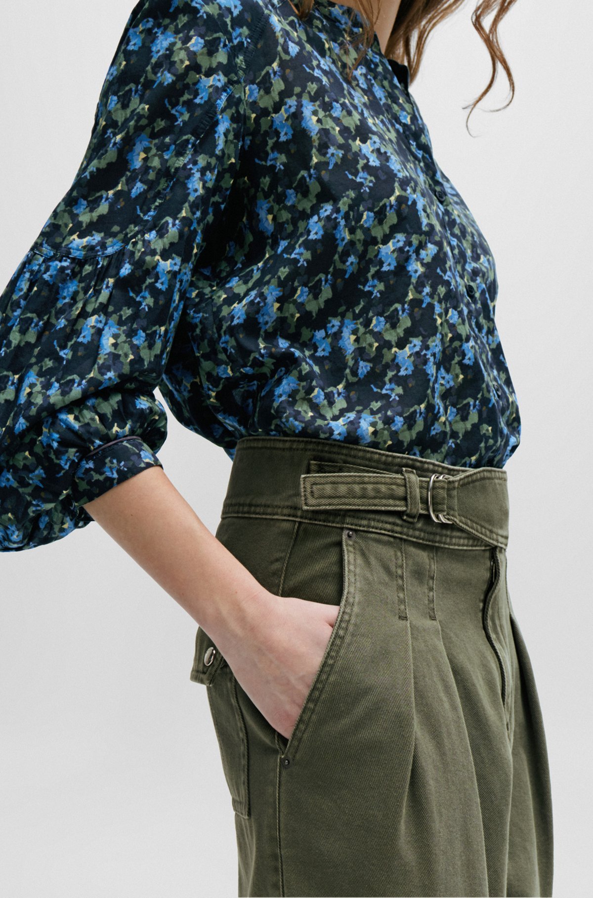 Hugo Boss Pleated Tapered Cotton Trousers In Green