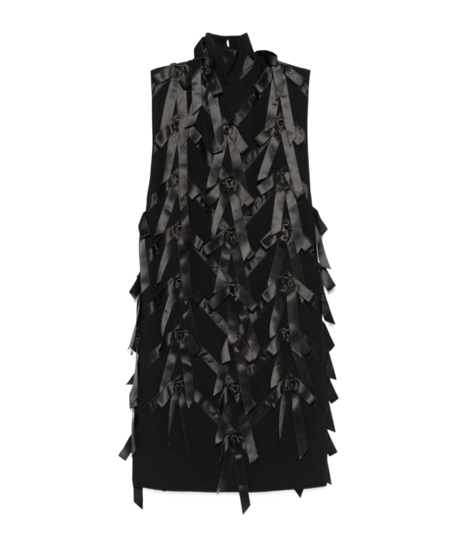 Prada Bow-detail Satin-trimmed Sablé Midi Dress In Black