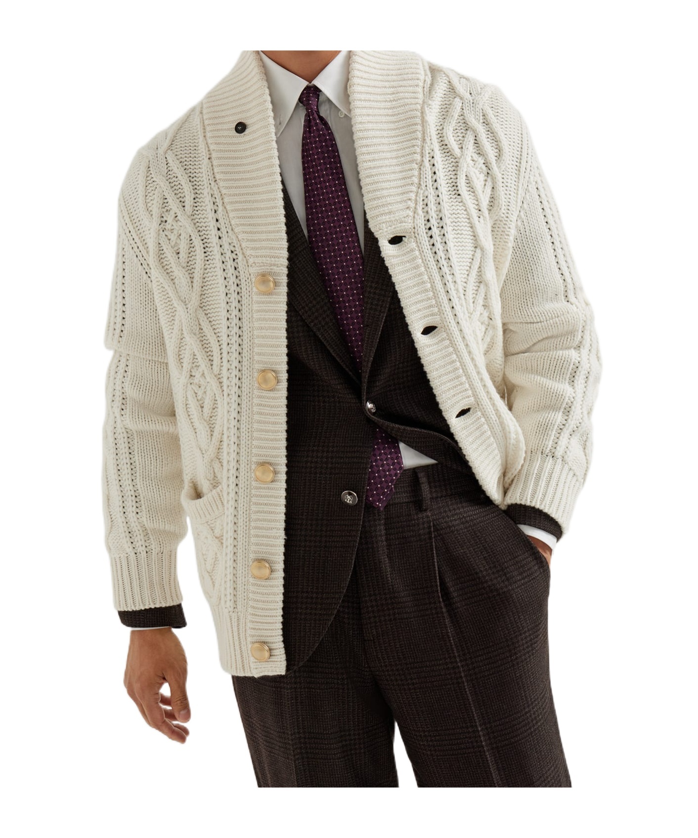 Brunello Cucinelli Cashmere Cardigan With Cable Knit Design In White