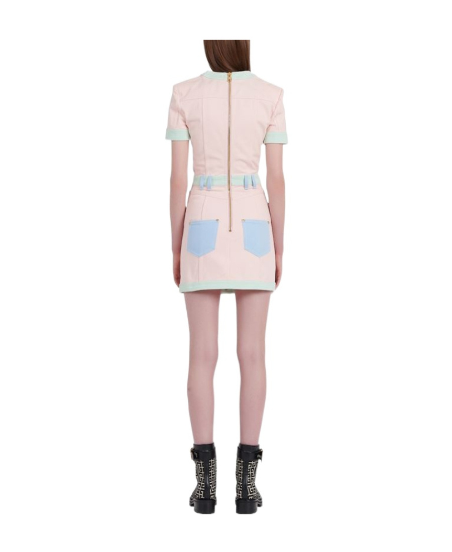 Balmain Multi-panel Short-sleeve Denim Dress In Pink