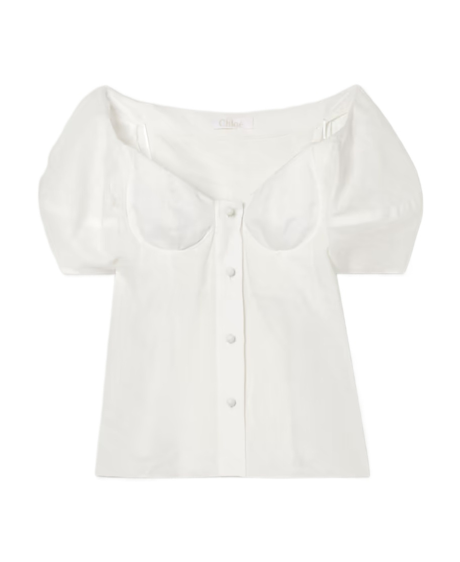 Chloé Balloon Sleeve Off The Shoulder Linen Voile Bustier Top In White
