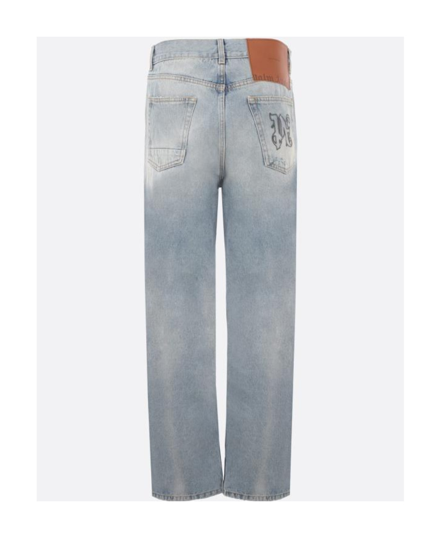 Palm Angels Loose-fit Jeans In Blue Denim With Pa Monogram In Gray