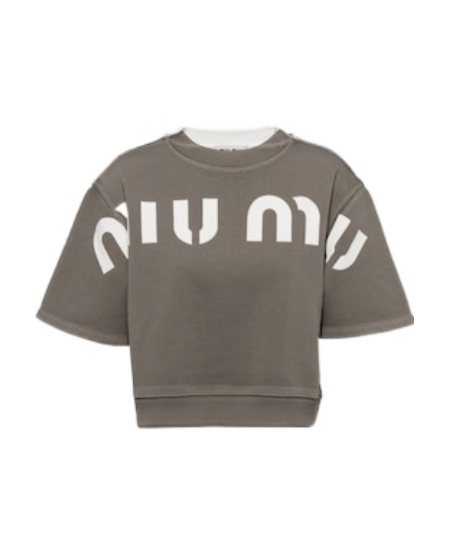 Miu Miu Logo-print Cropped T-shirt In Gray