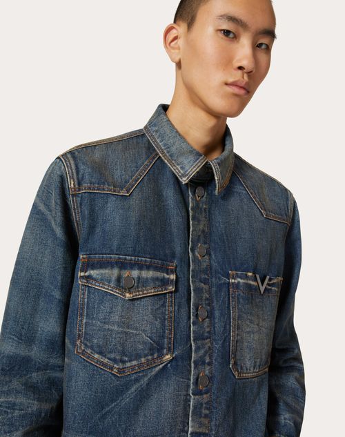 Valentino V-detail Denim Shirt In Blue