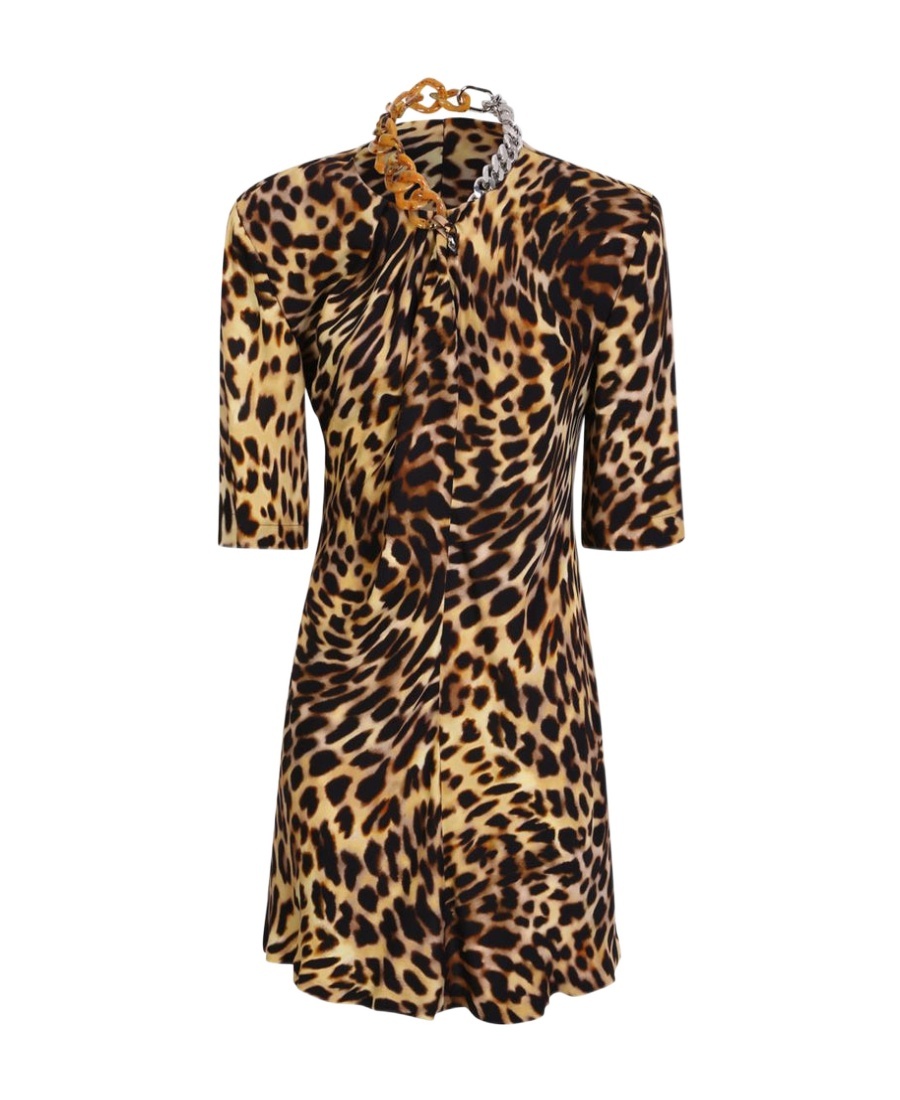 Stella Mccartney Cheetah Mini Dress In Tortoiseshell Cotton With Falabella Chain In Black