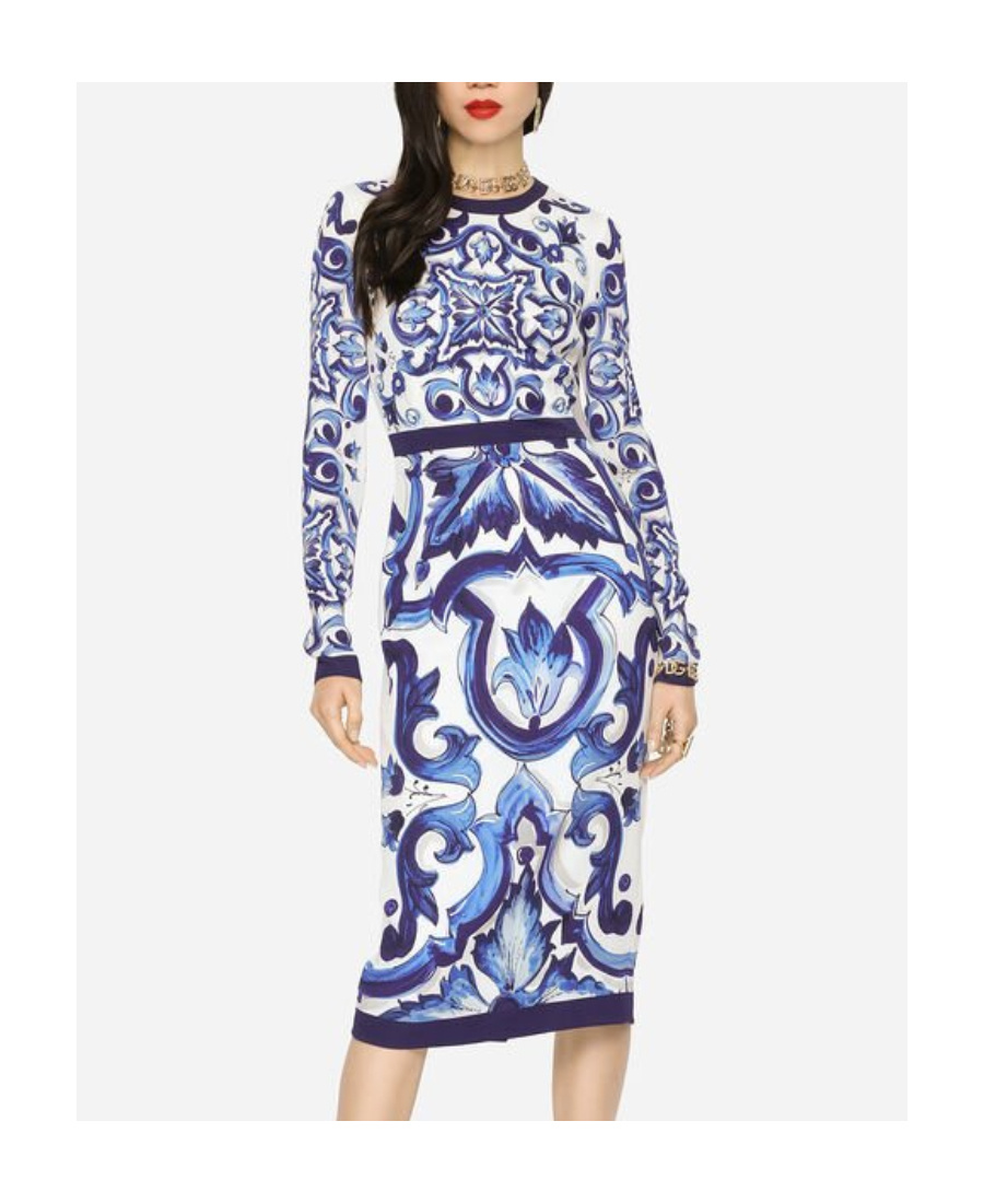 Dolce & Gabbana Blu Mediterraneo Painterly Long-sleeve Midi-dress In Blue
