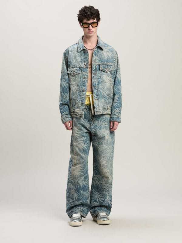 Palm Angels Long-sleeved Denim Jacket In Gray