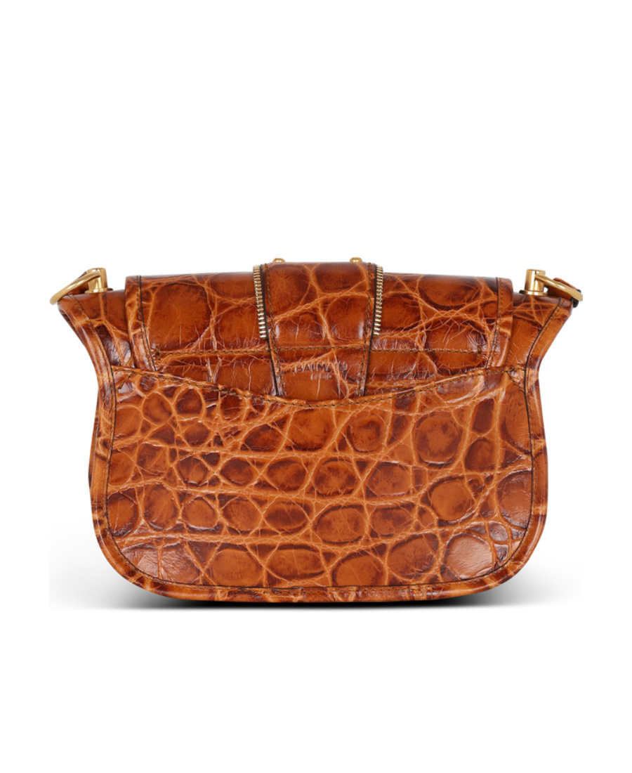 Balmain Blaze Bag In Crocodile-print Leather In Brown