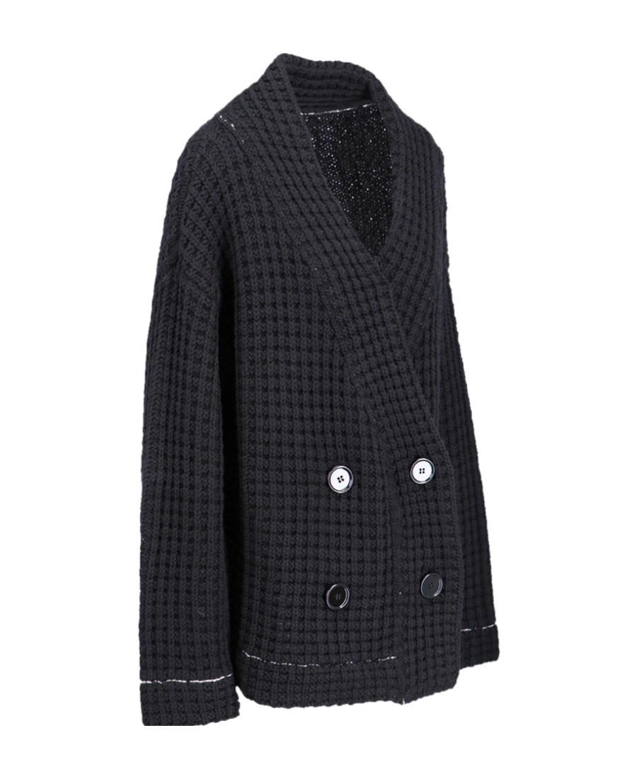 Shop Mm6 Maison Margiela Waffle-knit Double-breasted Cardigan In Black