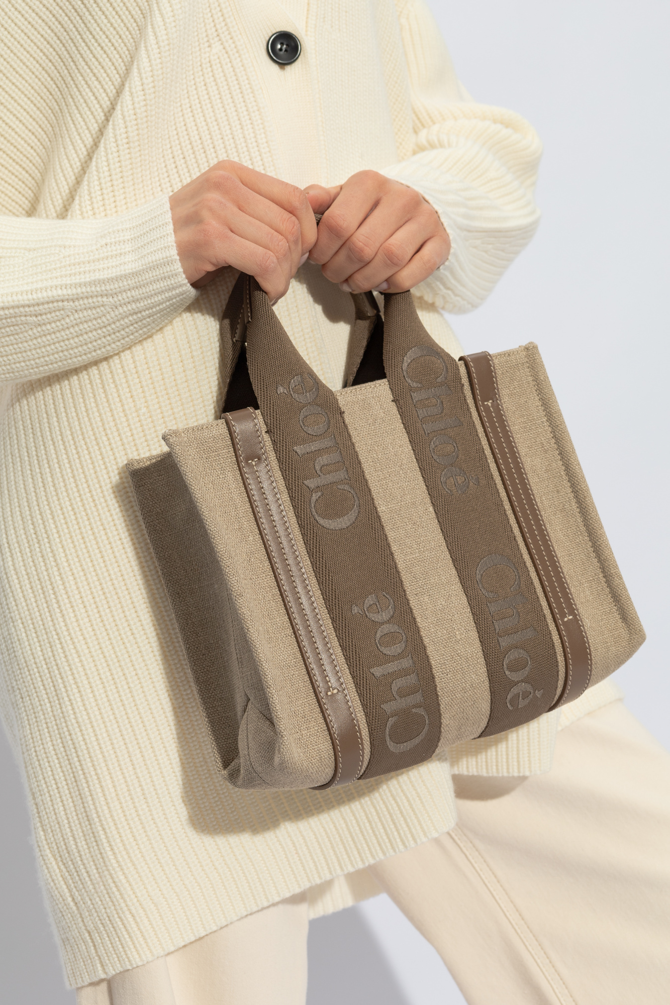 Chloé Woody Small Canvas And Leather Tote Bag In Nude