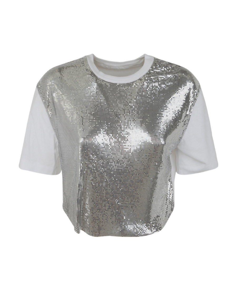 Rabanne Cropped Cotton-jersey And Chainmail T-shirt In Gray