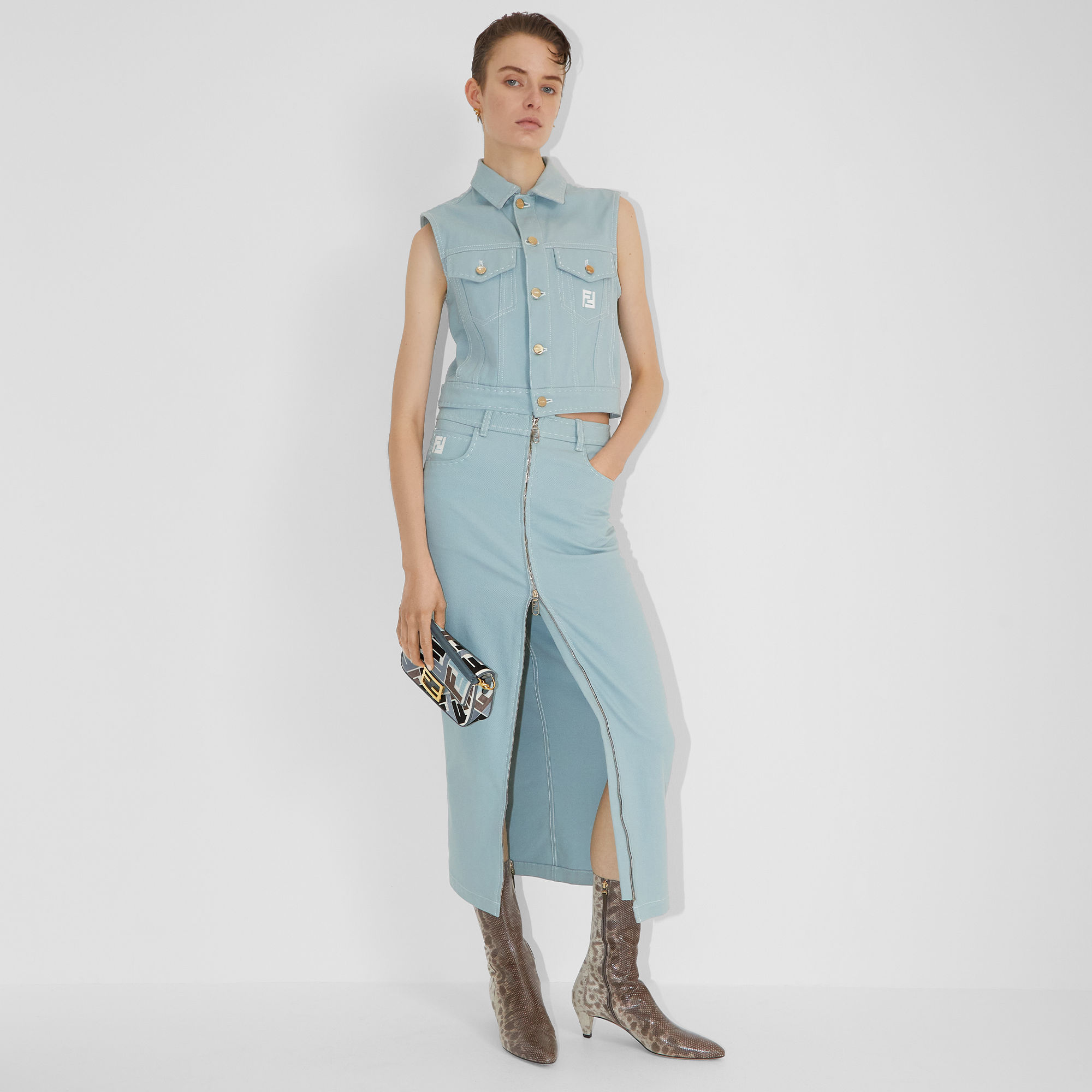 Fendi Ff-motif Denim Gilet In Green