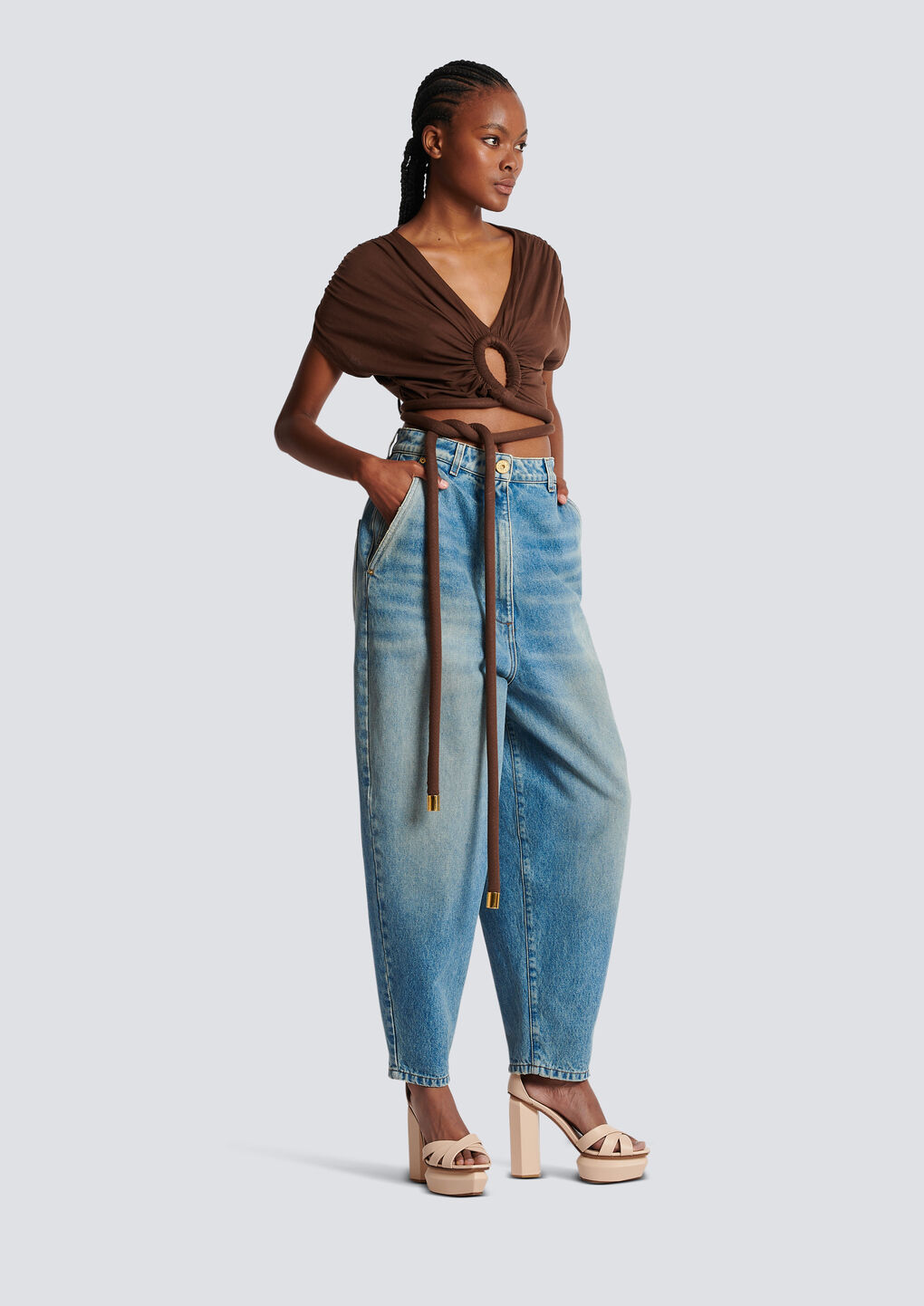BALMAIN DRAPED JERSEY CROP TOP