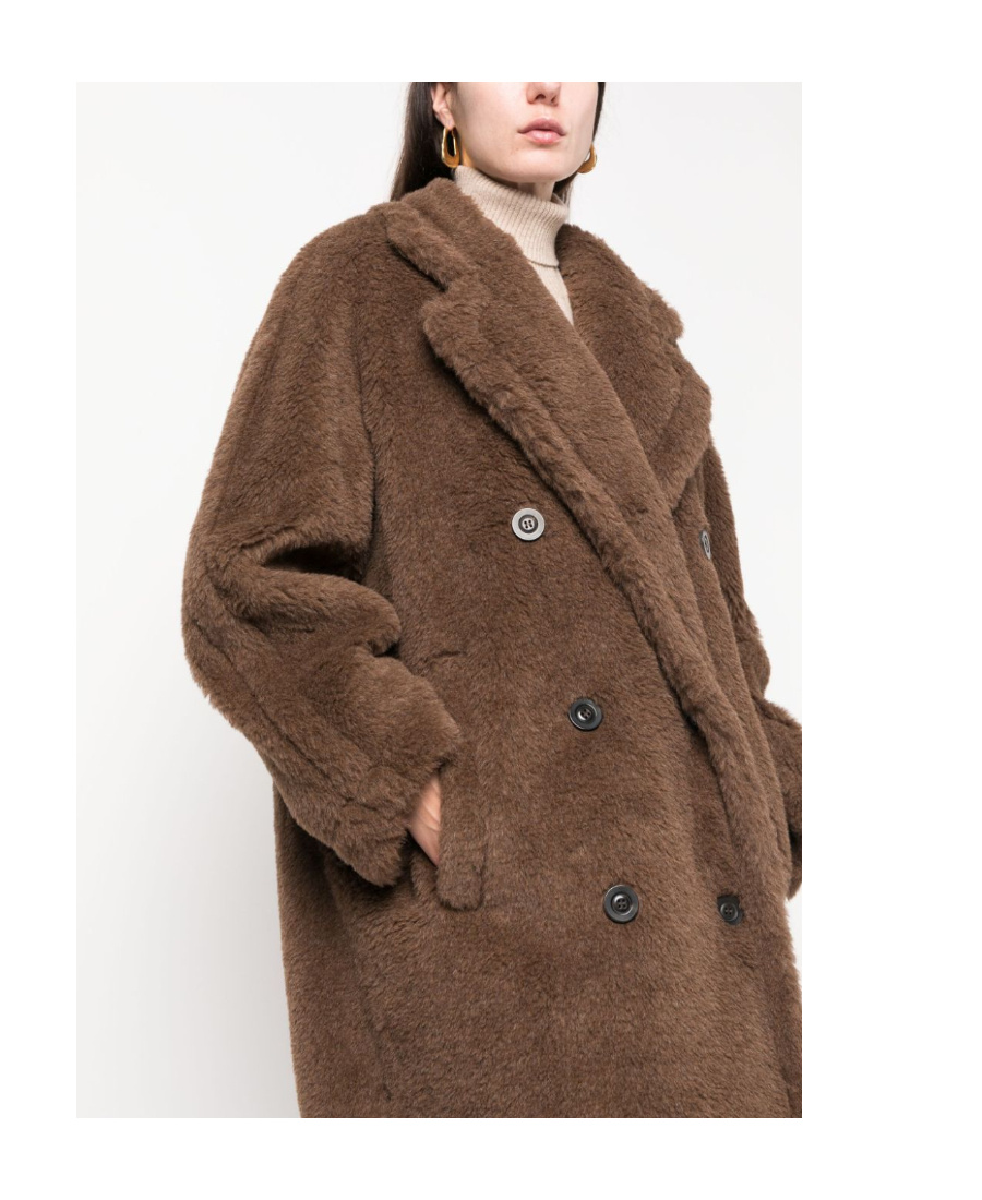Max Mara Long Double-breasted Teddy Coat With Relaxed Fit In Brown