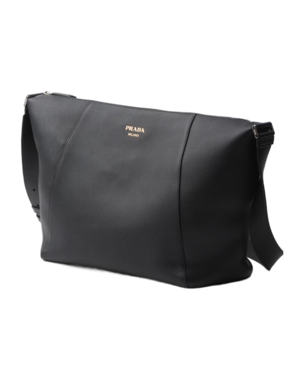 Prada Logo Print Leather Messenger Bag In Black
