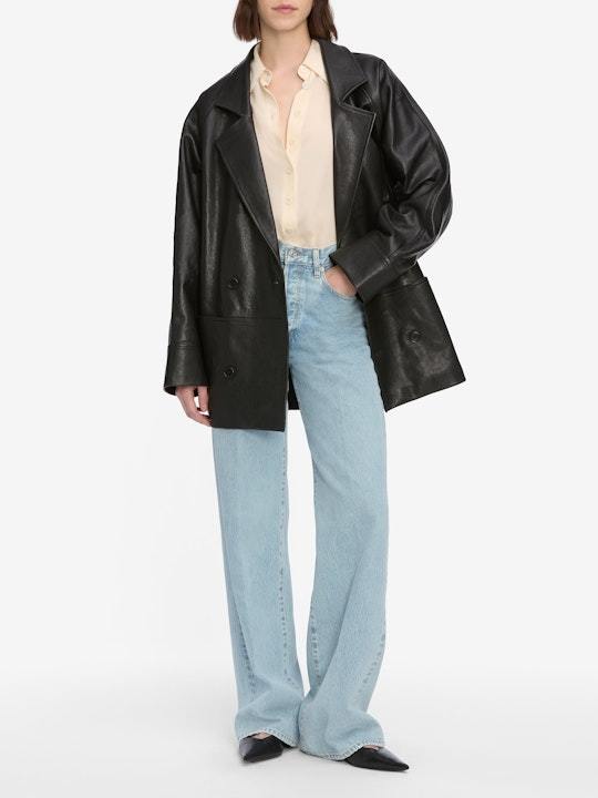 Frame Double-breasted Leather Jacket In Black