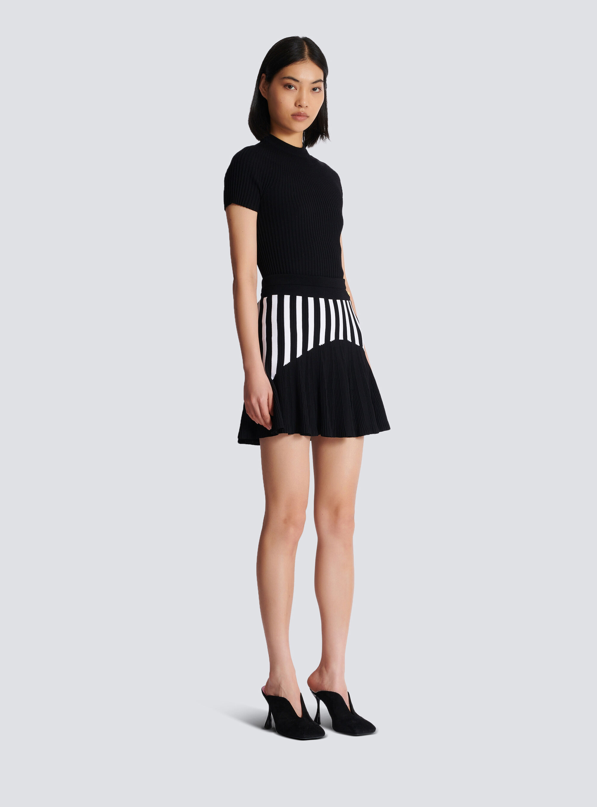 Balmain Striped Knit Pleated Mini Skirt In Black