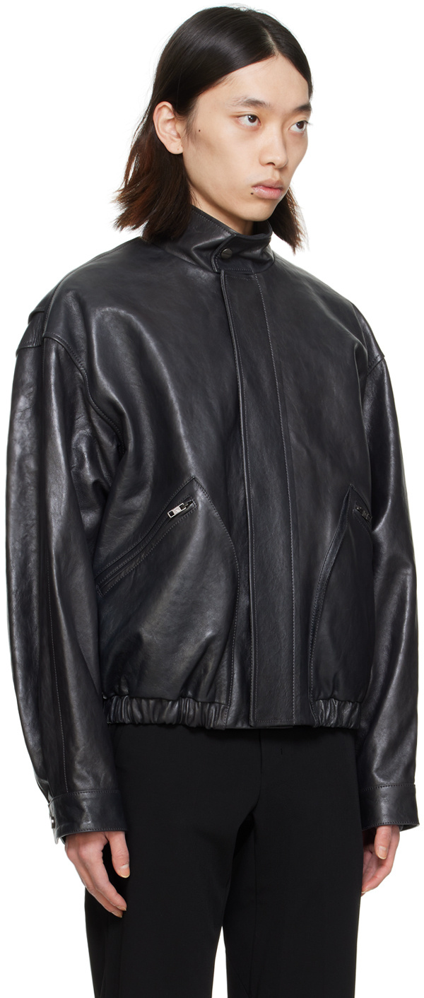 Wooyoungmi Standing Collar Leather Jacket In Black